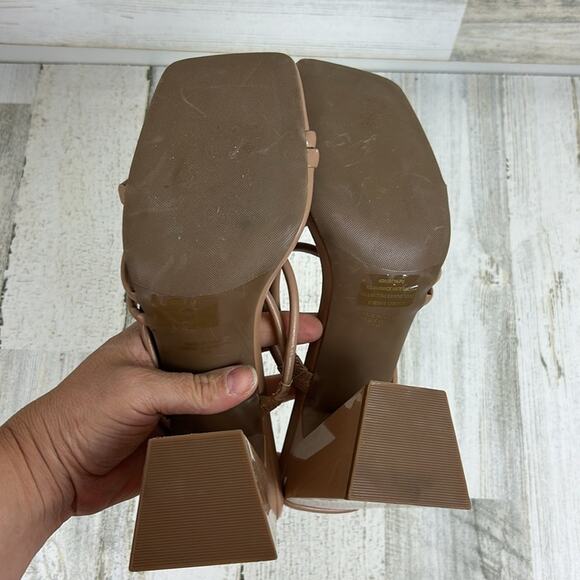 Abound womens 11 tan faux leather block heel open toe slip on sandals - Picture 8 of 9